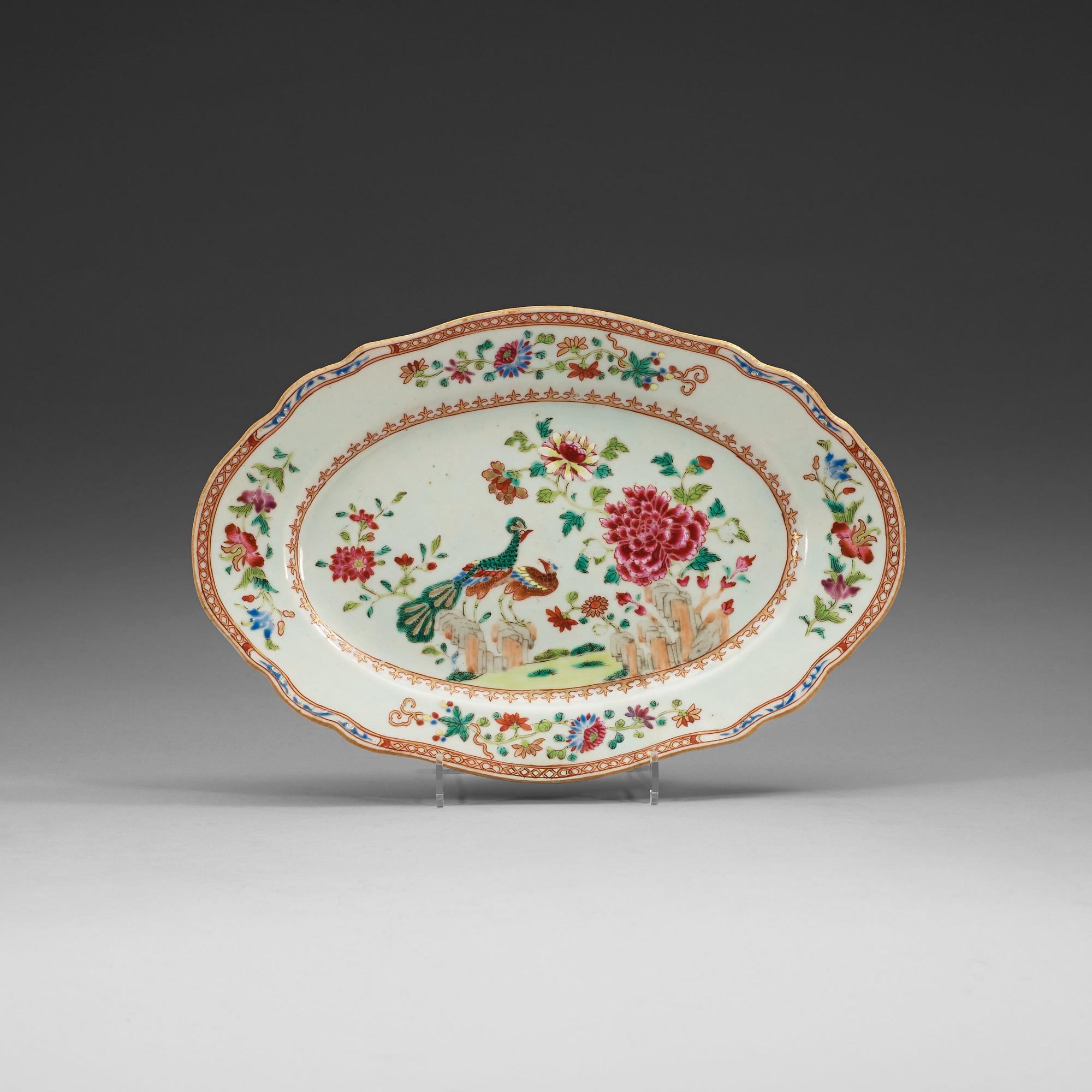 A famille rose 'double peacock' serving dish, Qing dynasty, Qianlong (1736-95).