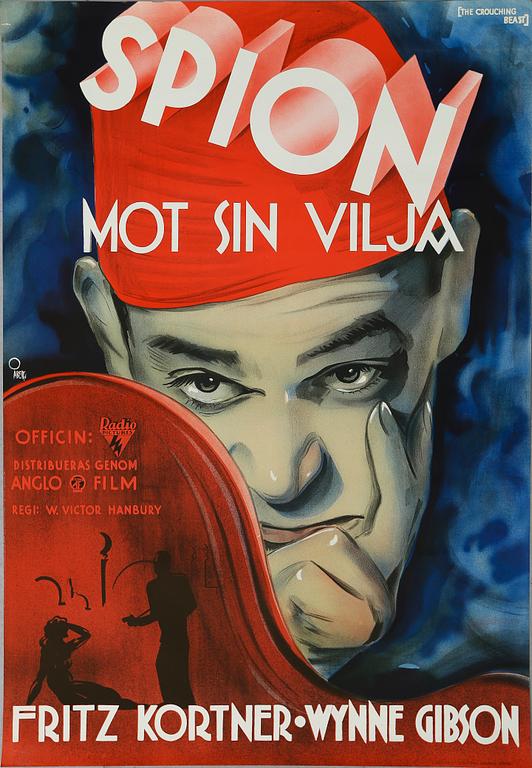 FILMAFFISCH, litografiskt tryck, "Spion mot sin vilja", Åberg, 1935.
