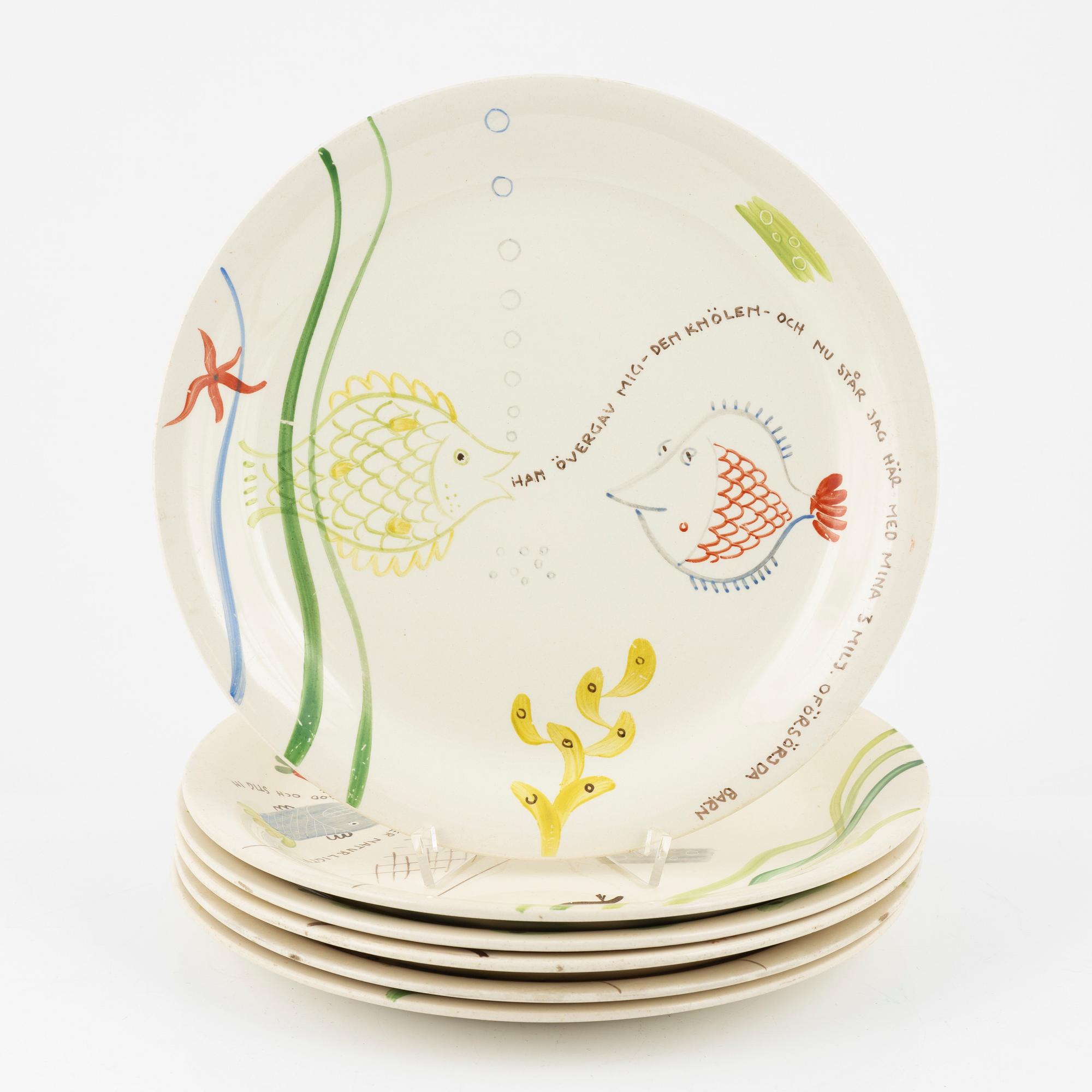 Stig Lindberg, tallrikar, 9 st, "Löja", Gustavsberg.