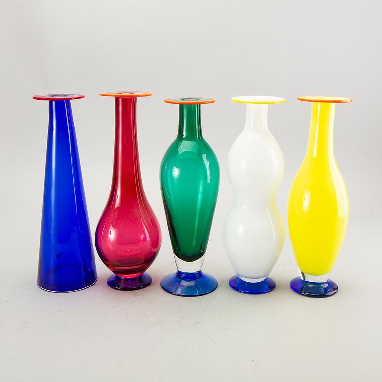 Anne Nilsson, a set of five glass vases Orrefors late 20th century.