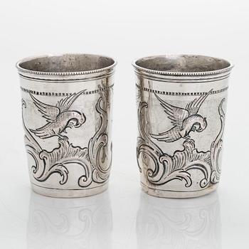 A pair of late 18th-century silver beakers, unknown maker's mark, alderman Alexei Kosirev, Moscow 1791.
