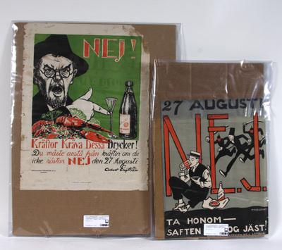 FÖRBUDSAFFISCHER, 2 st, Albert Engström och Albert Proessdorf, bl a utgivna av Propagandacentralen N.E.J, Göteborg 1922, tryckta hos A. Lindgren & Söner, Göteborg.