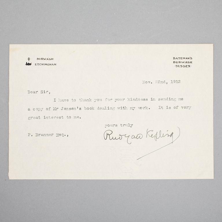 RUDYARD KIPLING (1865-1936), brev med egenhändig namnteckning, dat Burwash Etchingham nov 22 1912.