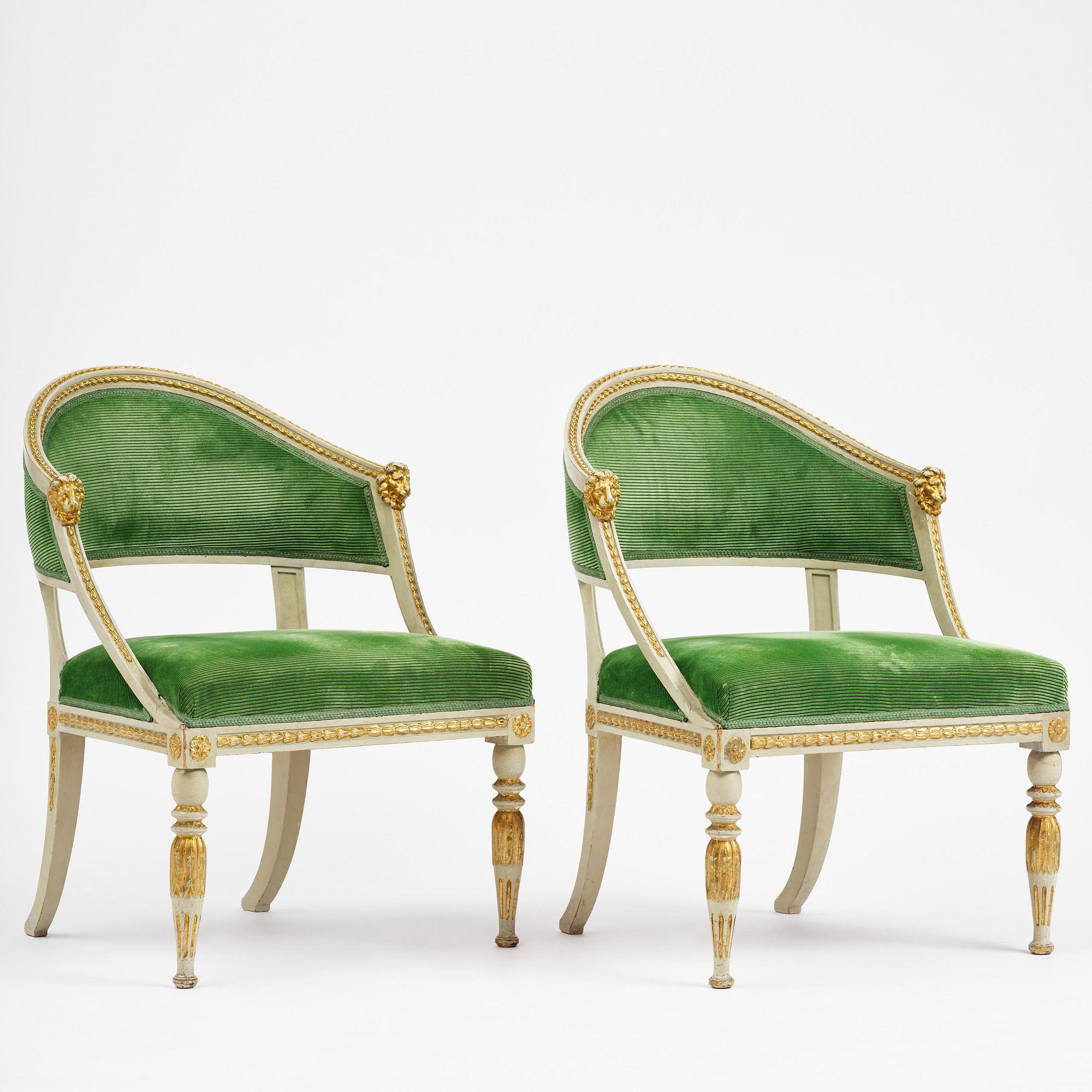A pair of late Gustavian open armchairs, Stockholm, late 18th century.