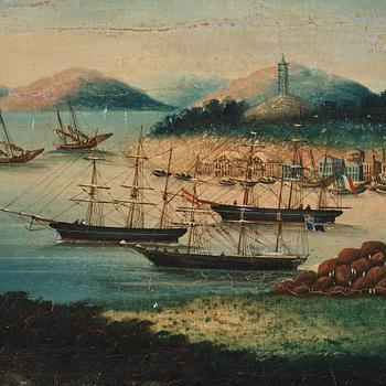 A oil painting of Whampoa Anchorage, Chinese School, Qing dynasty, 19th Century.