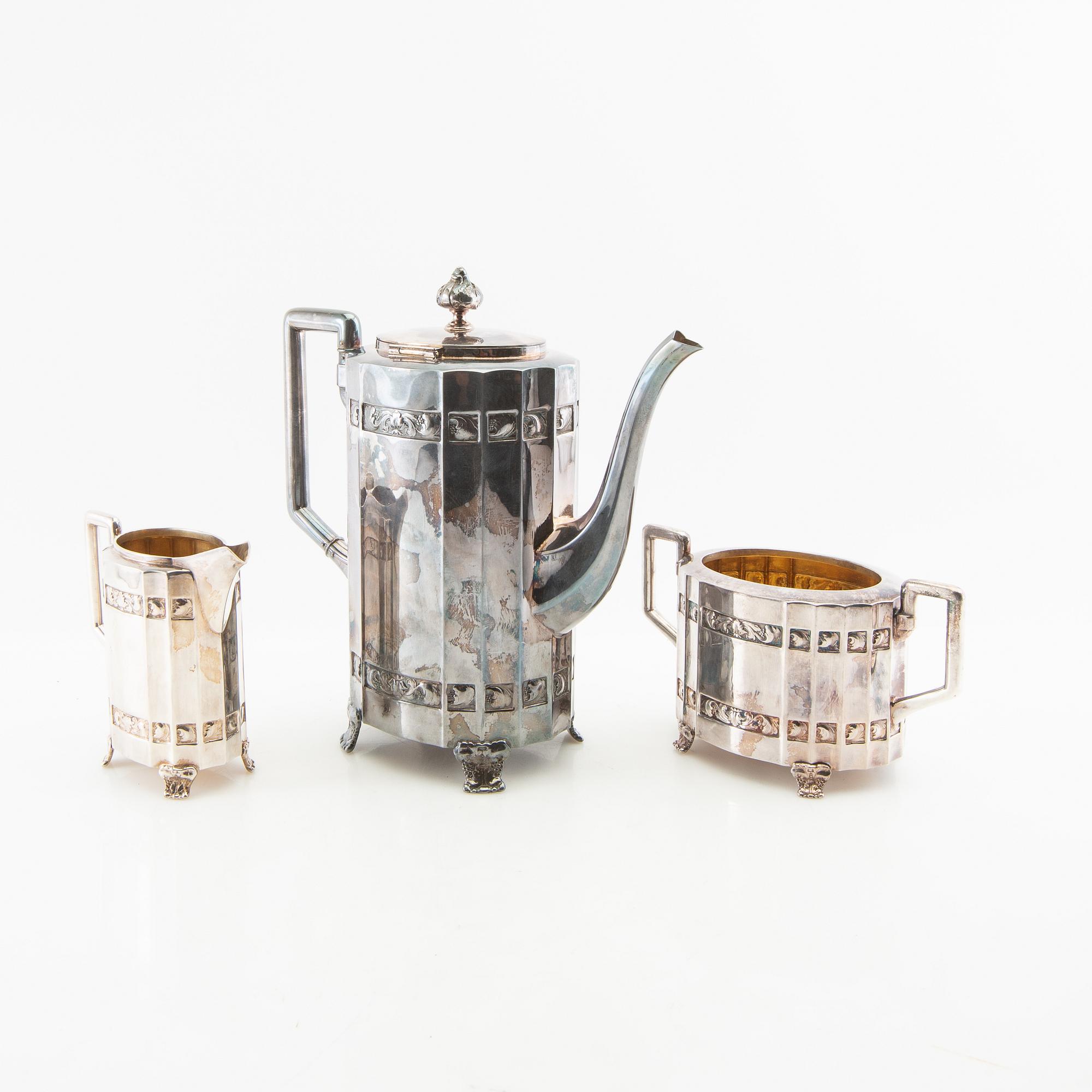 Coffee service 3 dlr CG Hallberg silver plate early 20th century.