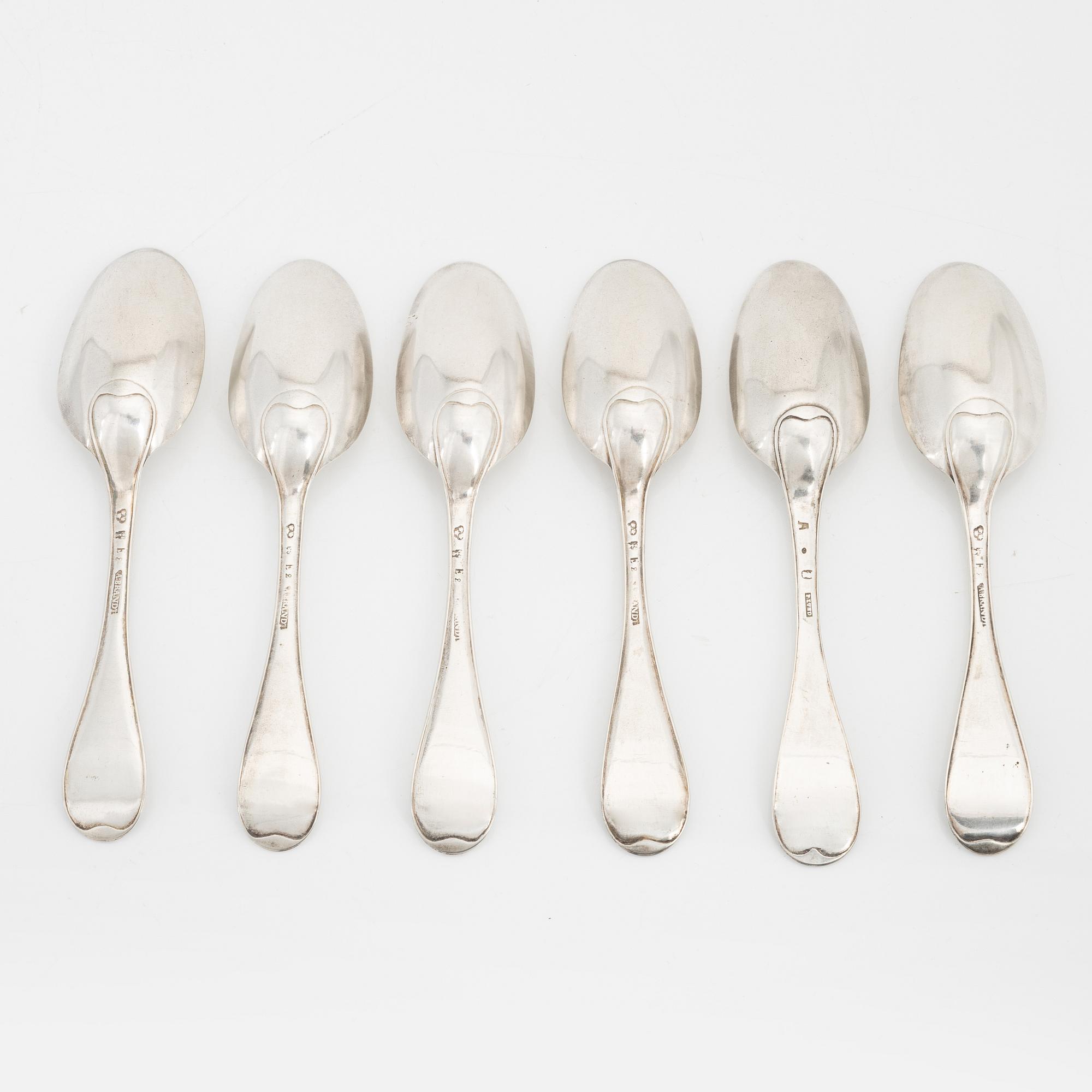 Skedar, 6 st, silver, Anders Brandt, Norrköping 1787 samt Petter Lund, Stockholm 1759.