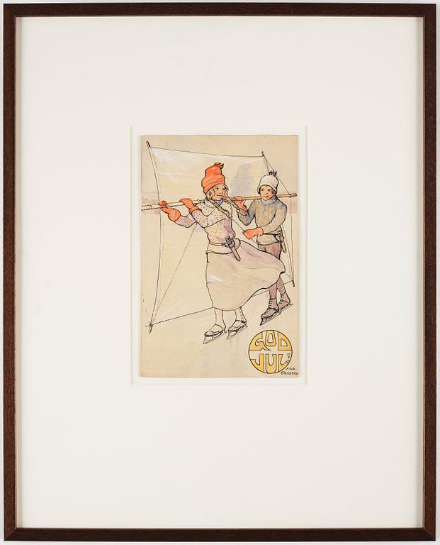 Aina Stenberg-Masolle, "God Jul", skridskoseglande barn (Merry Christmas, ice skating children).