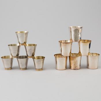 Two sets of six silver beakers by Markströms Guldsmeds, Uppsala, 1959 and 1970. Total weight ca 592 g.