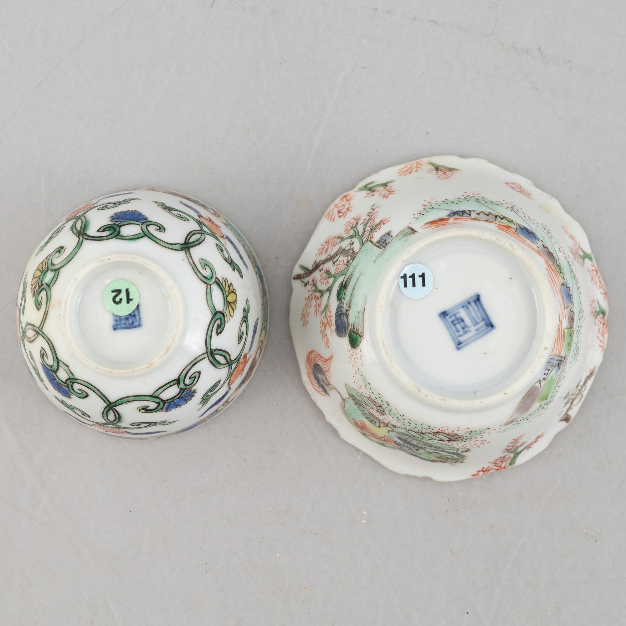 Koppar, fyra stycken, porslin, Qingdynastin, Kangxi (1662-1722).