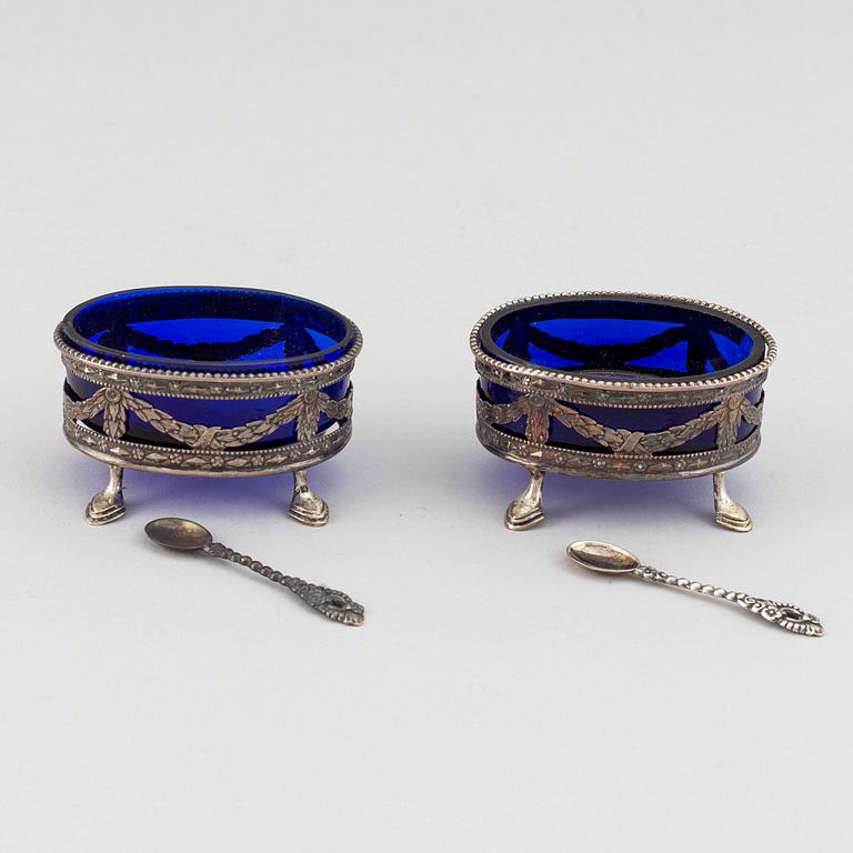 A pair of Swedish Gustavian silver and glass salt cellars, 1785.