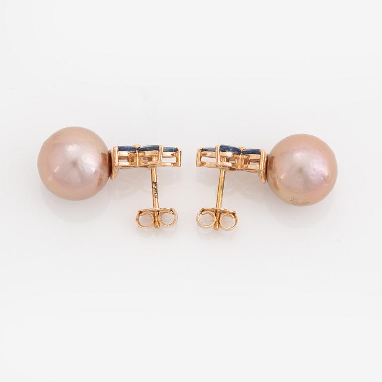 Pink freshwater pearl and sapphire earrings.