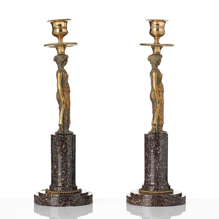 A pair of late Gustavian gilt brass and 'Blyberg' porhyry candlesticks in the manner of F. L. Rung, early 19th century.