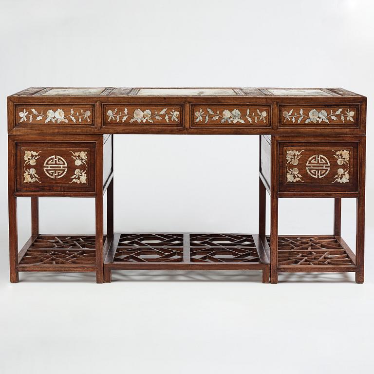 A Chinese writng desk with stone placques and mother of pearl inlay, late Qing dynasty.