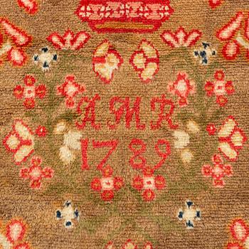 Täcke, rya, ca 181,5 x 160 cm, Finland, daterad 1789.