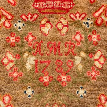 A Finish knotted pile bed cover ca 181,5 x 160 cm, dated 1789.