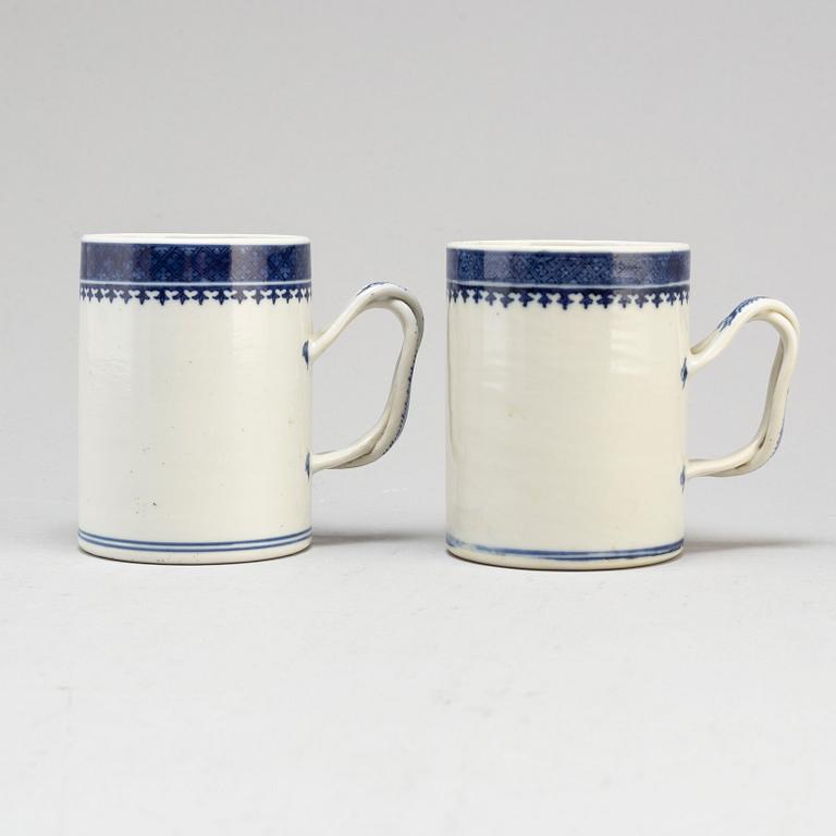 A pair of blue and white jugs and a punch bowl, Qing dynasty, Jiaqing (1796-1820).