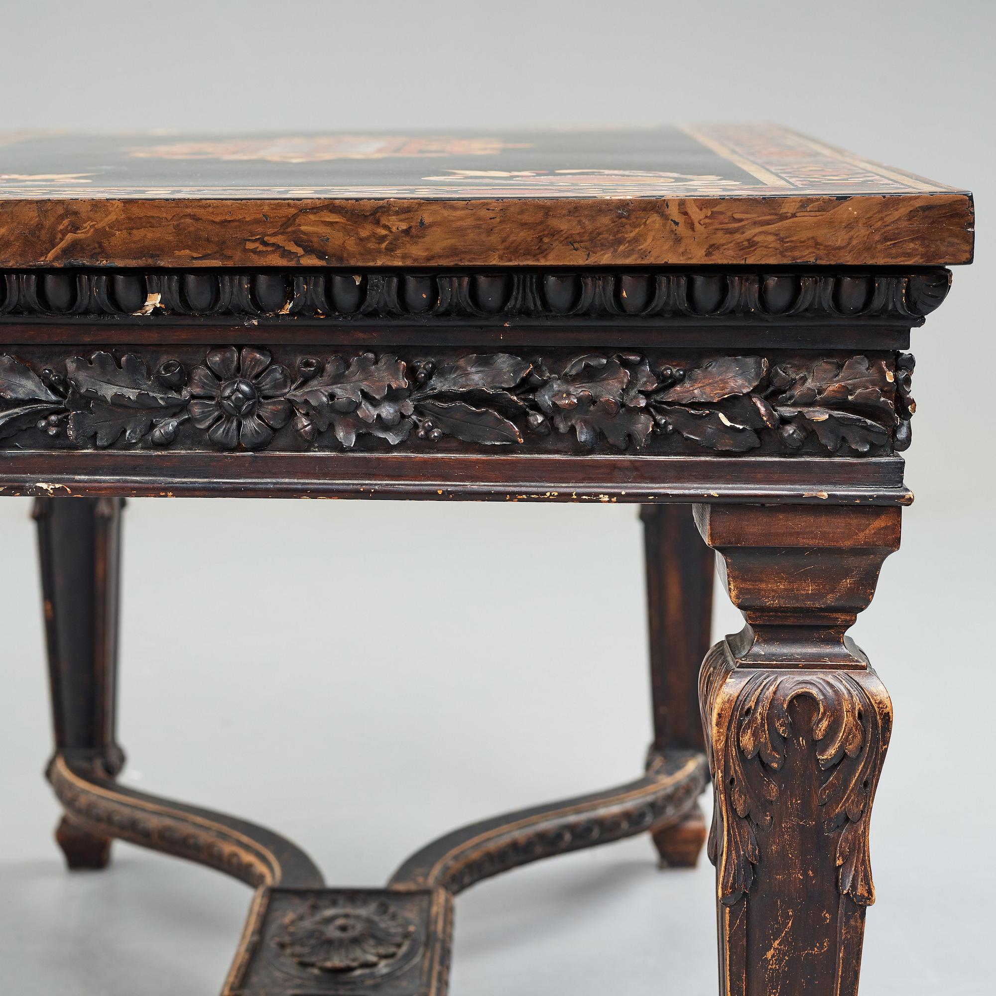A pietre dure top, Italy, circa 1900, probably Rome or Naples. The stand in Louis XIV-style.