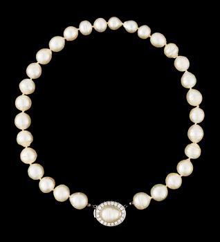 741. A cultured pearl necklace, with diamond and pearl clasp.