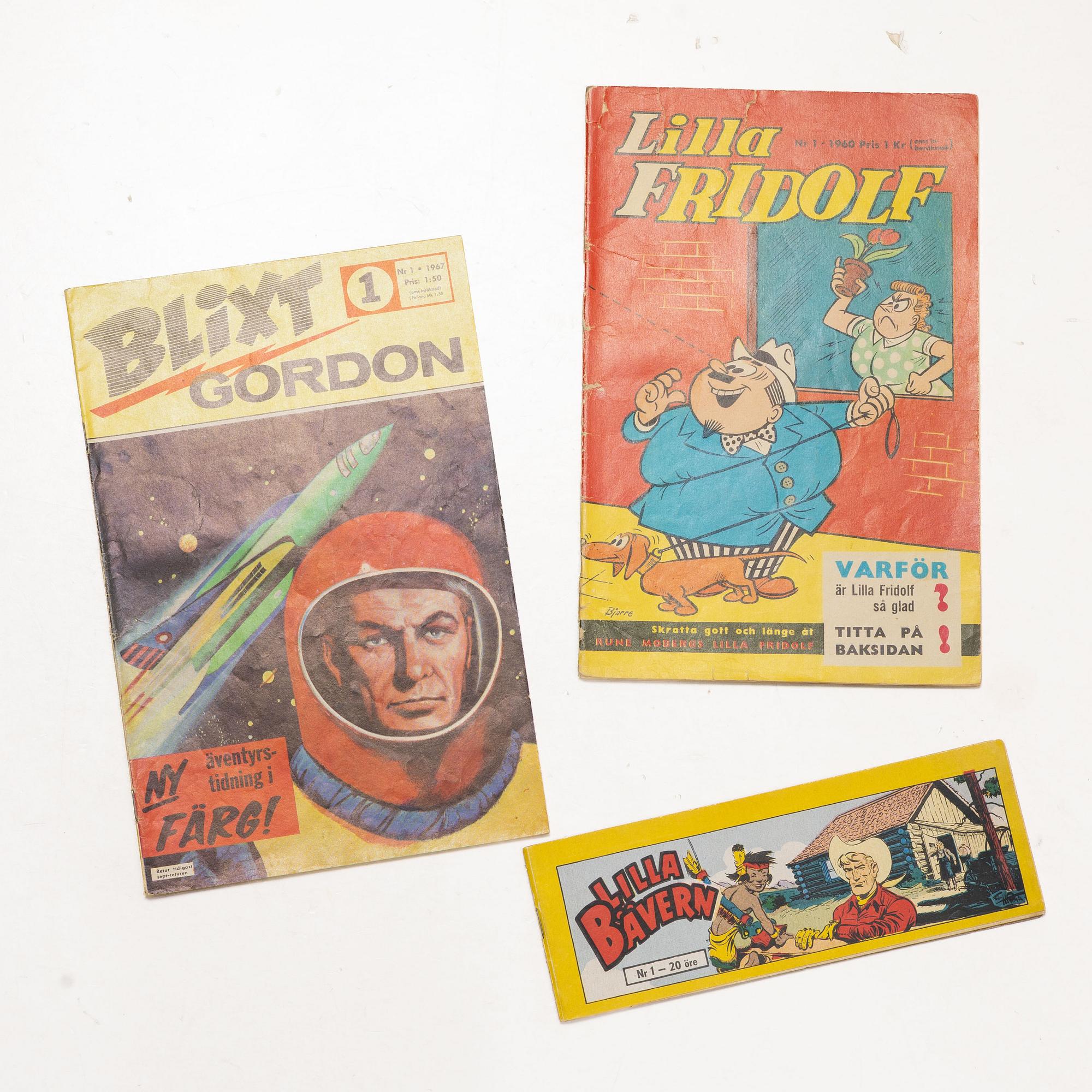 Serietidningar, 18 st, förstautgåvor, bl a "Tomahawk", "Tom Mix", "Hopalong Cassidy", "Lilla Fridolf", "MAD".