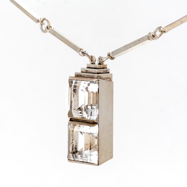 Wiwen Nilsson, pendant on chain, sterling silver, two rock crystal sapprox 15 x 15 mm each, Lund 1945.