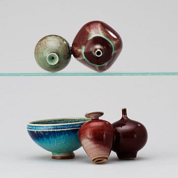 Two Berndt Friberg stoneware groups of vases and bowl, Gustavsberg Studio.