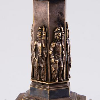 OIL LAMP, gothique style, late 19th century, silvered bronze with red glas holder.