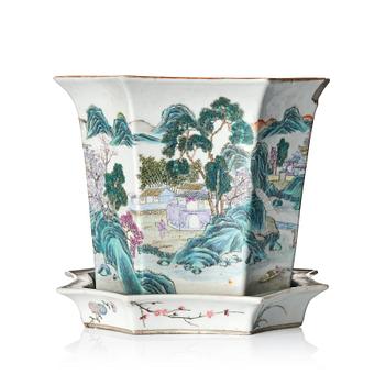 A famille rose flower pot with a stand, Qing dynasty with a Yongzheng mark.