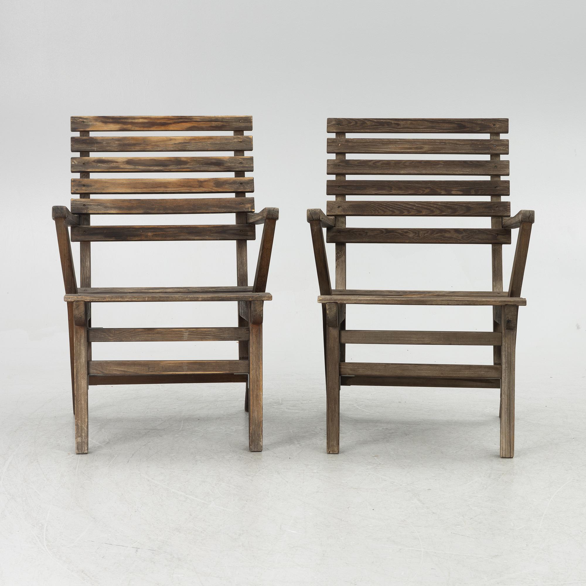 Carl Malmsten, garden furniture, a table and two armchairs. "Bergshamra", second half of the 20th century.