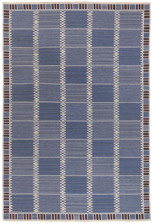 Barbro Nilsson, a carpet, 'Salerno blå med enkel bård', flat weave, c. 365 x 244 cm, signed AB MMF BN.