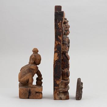 Three carved wooden and stone sculptures / decorative elements, India, presumably 19th century.