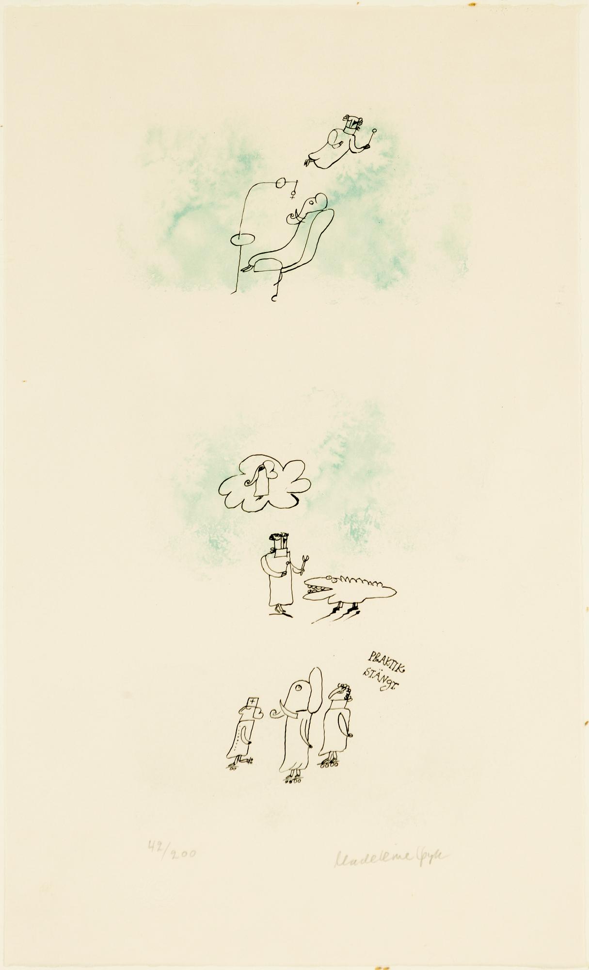 Madeleine Pyk, färglitografier, ett par, "Praktik stängd" och "Have a banana".