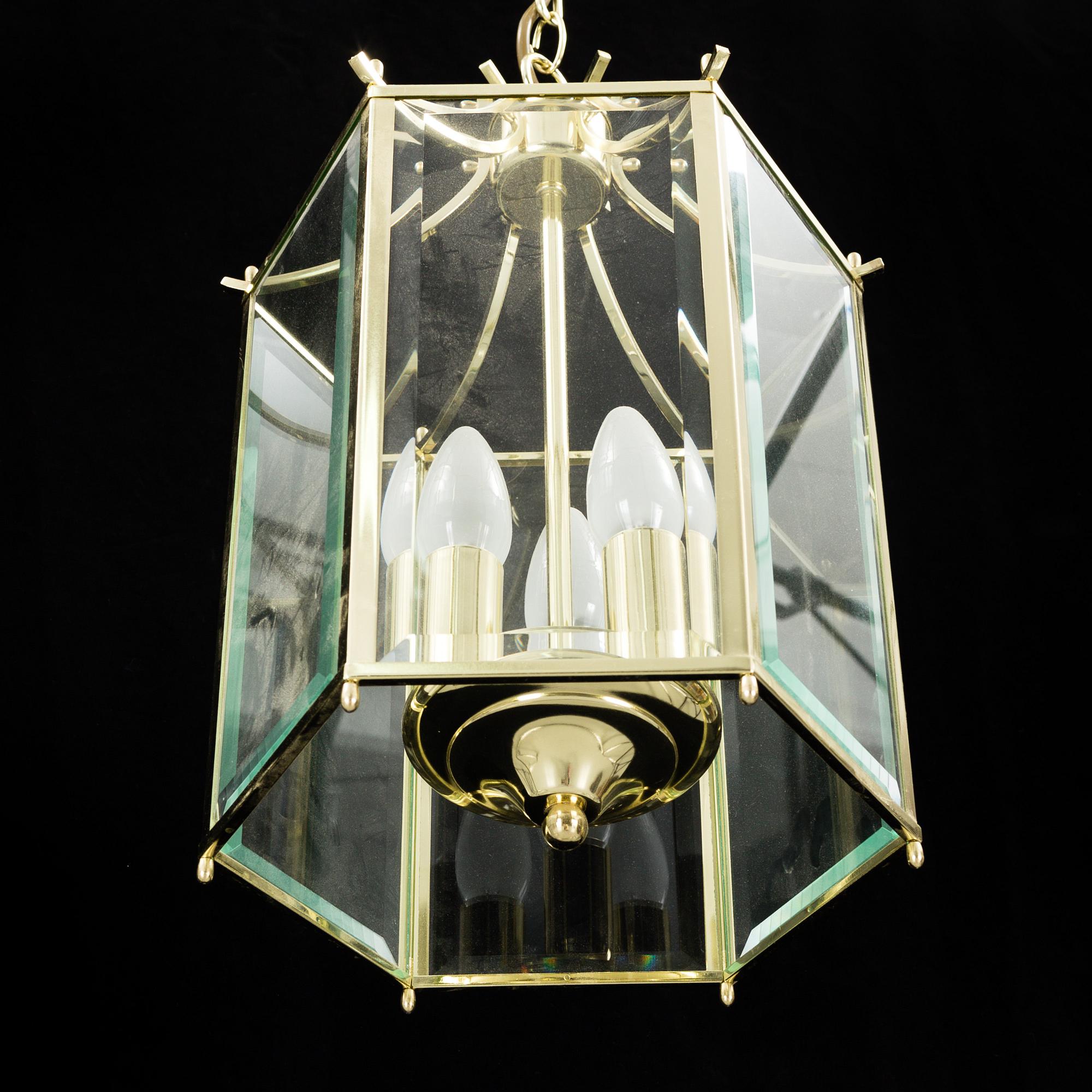 A 20th century brass hexagon hall ceiling lantern for three lights.