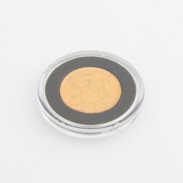 Guldmynt Sverige, Oscar II 10 kr, 1883, felpräglat.