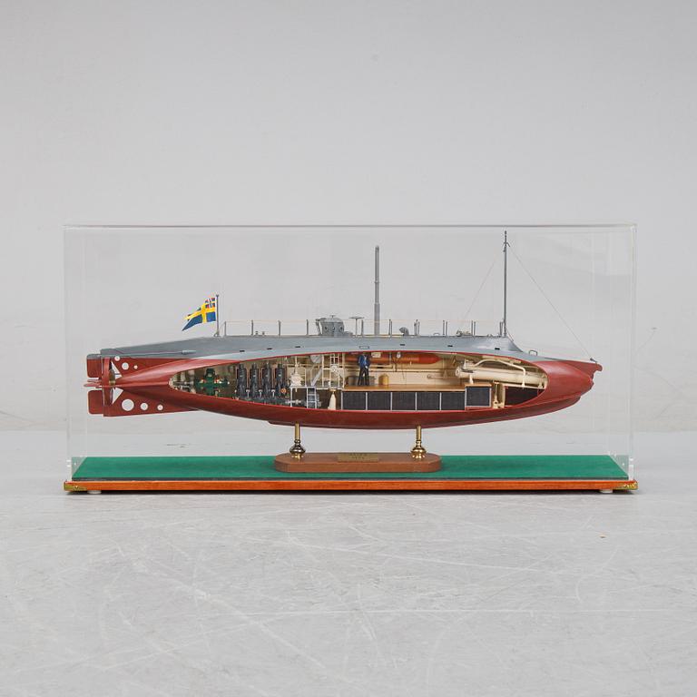 A cut-away scale model of the submarine 'Hajen', 1904, built by Ingvar Lyckhammar 21 st Century.