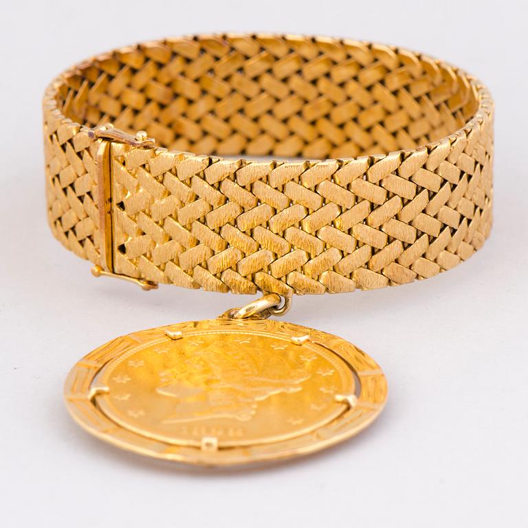 A BRACELET, Liberty Head 20 dollars gold coin, 18K gold.