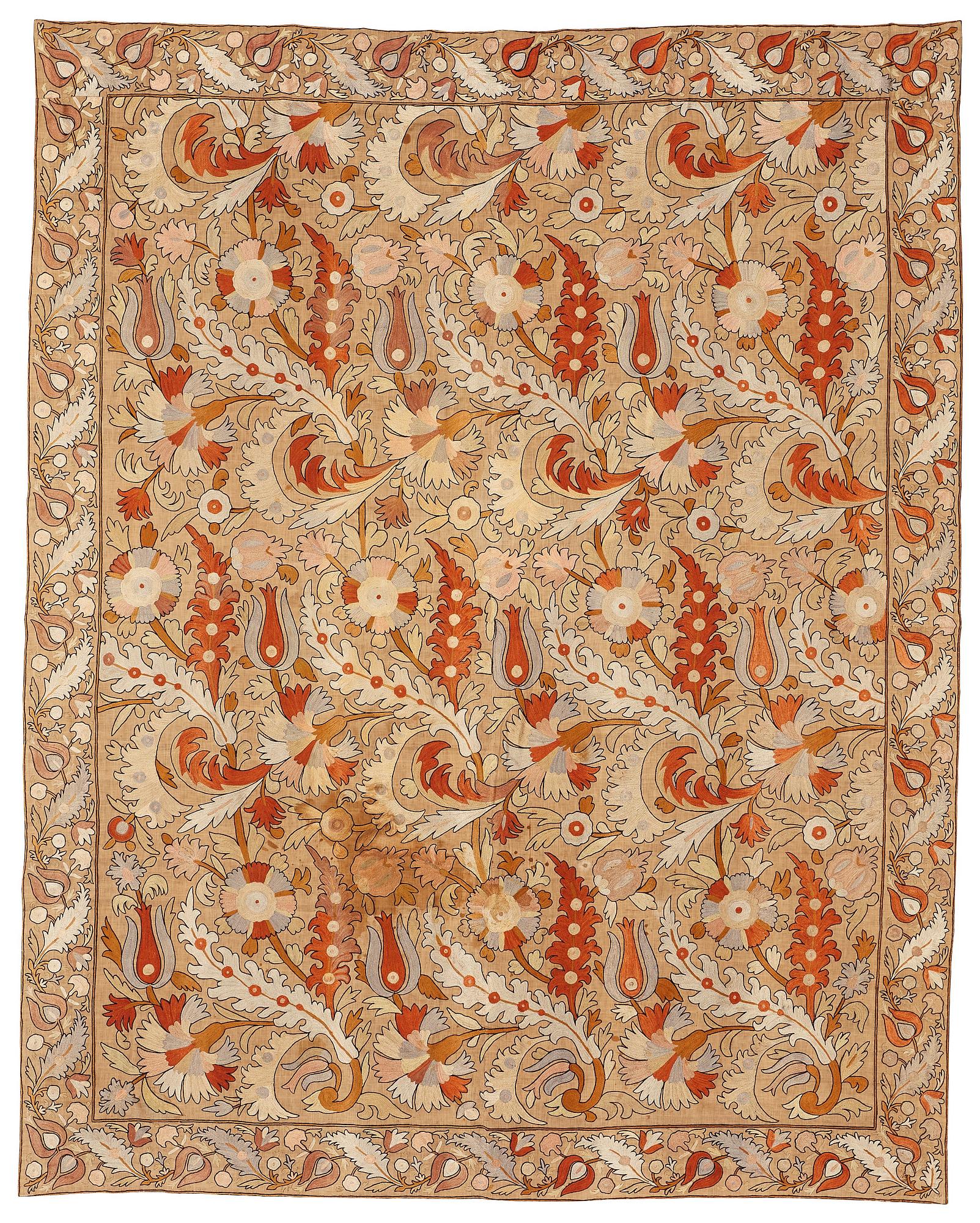 Broderi, sannolikt antik Uzbekistan suzani, ca 226,5-230,5 x 180-182 cm.