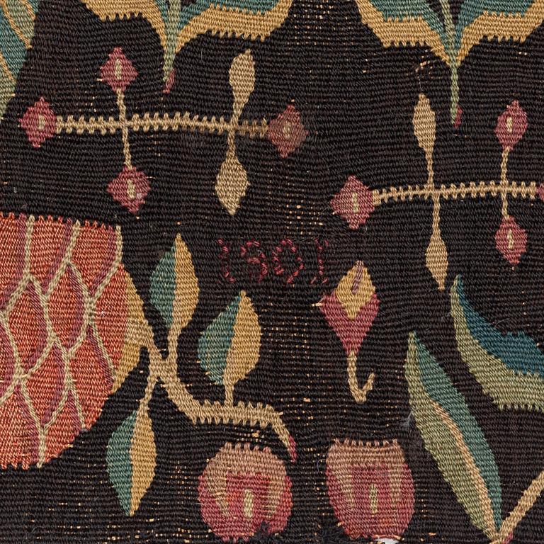 A carrige cushion, 'Bebådelsen (The Annunciation)', tapestry weave, 98 x 45 cm, southwestern Skåne 1801, signed MID.