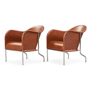 462. Mats Theselius, A pair of 'Bruno' brown leather and steel easy chairs, Källemo, Sweden.