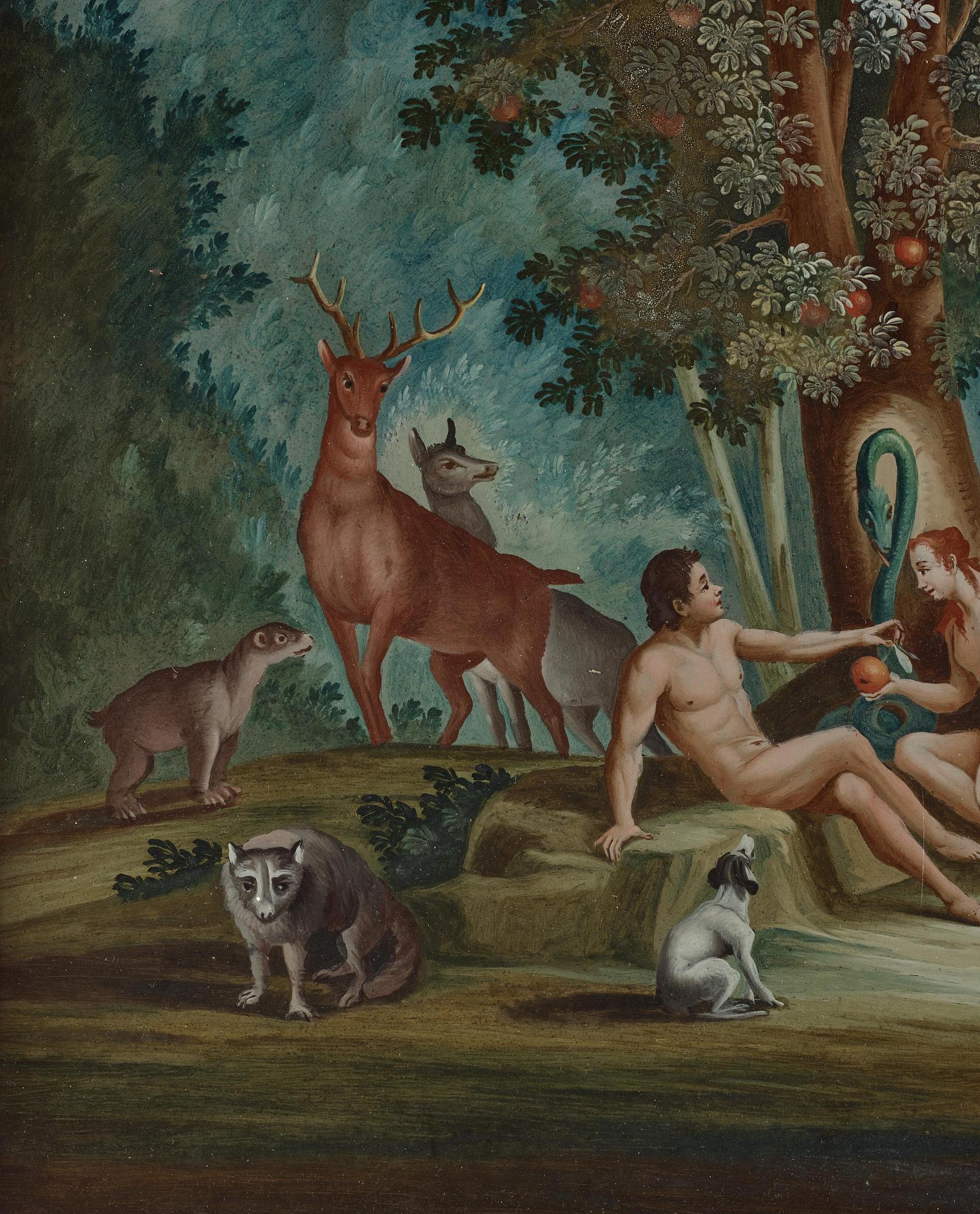 Glass painting, England, 18th century. "The Garden of Eden".