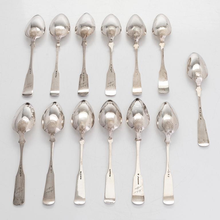 Skedar och strösked, 18 delar, silver, "Musslan", Åbo och Nådendal, 1835-1874.