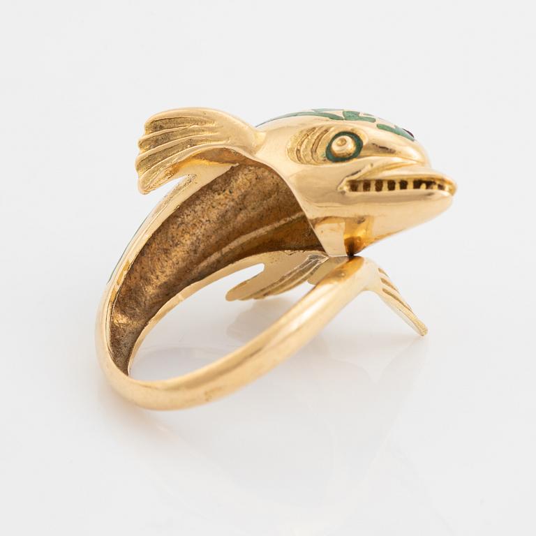 18K gold and green enamel dolphin ring.