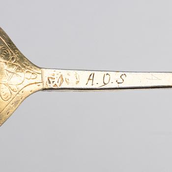 Sked, förgyllt silver, sannolikt Anders Andersson Amour, Stockholm (verksam 1684-1692). Barock.