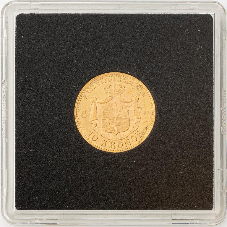 Gold coin, Oscar II, 10 kronor, type I, Sweden 1874.