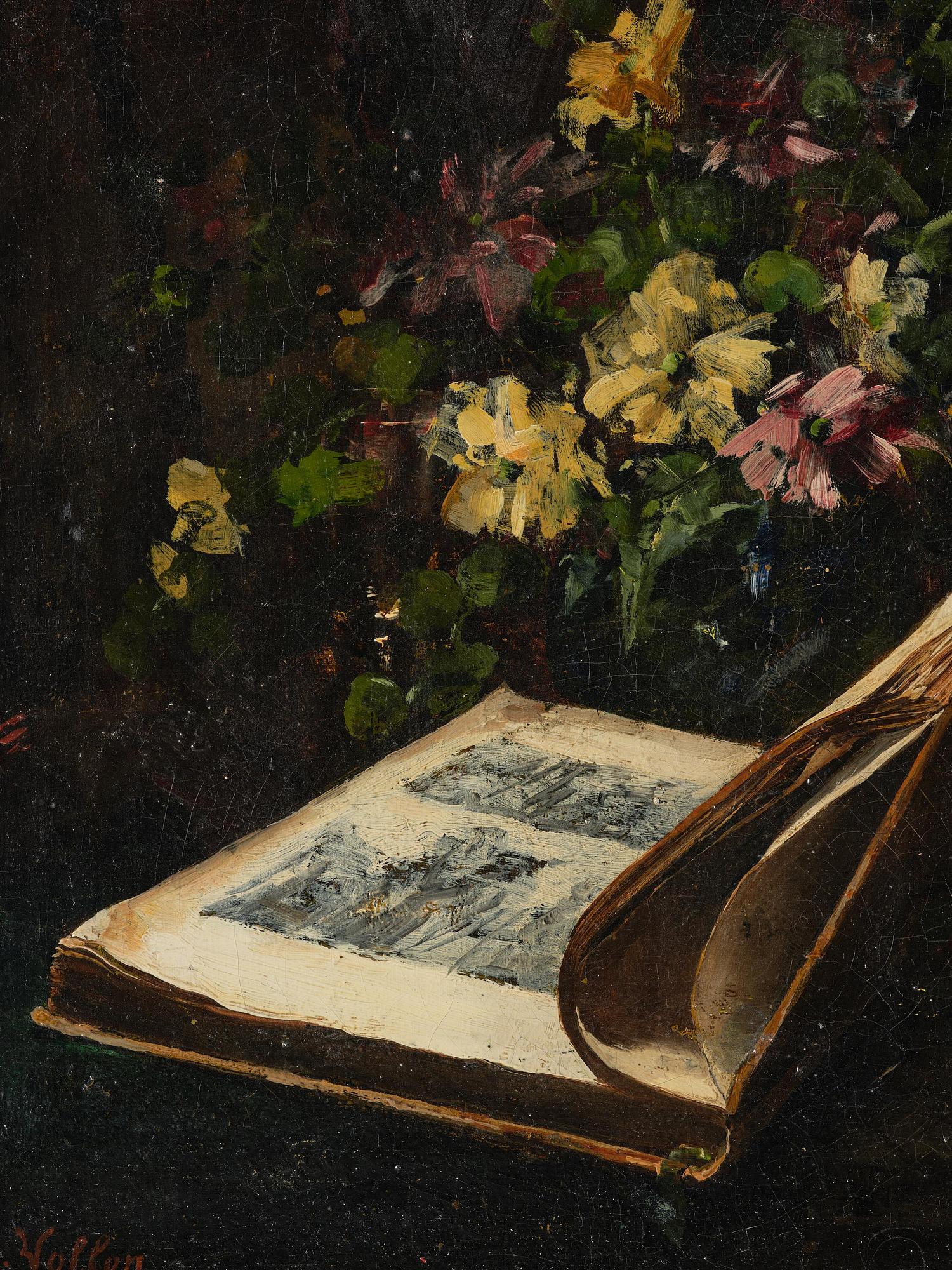 Antoine Vollon, Still life with flowers and books.