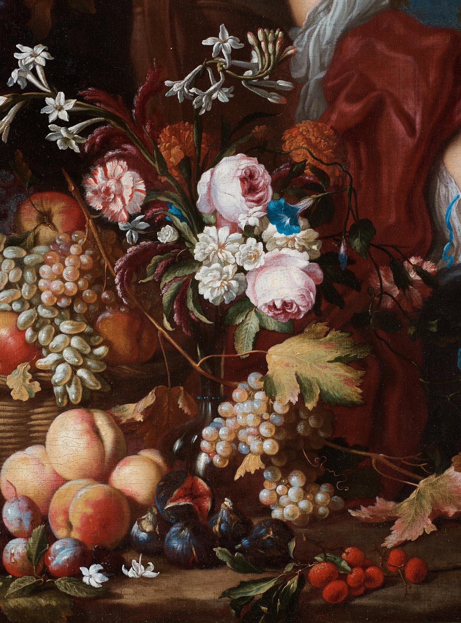 Abraham Brueghel & Guillaume Courtois Tillskriven, Allegorisk kvinnofigur med blommor och frukter.
