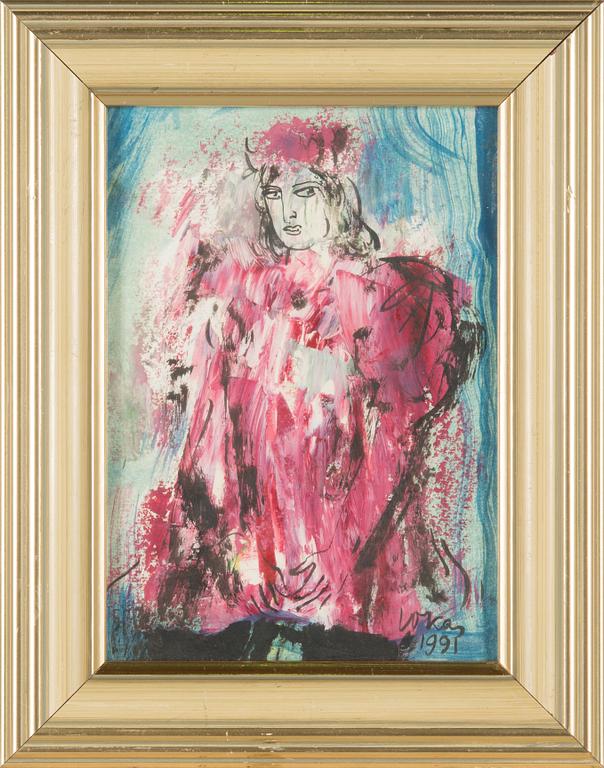 Evald Okas, sekatekniikka paperille, signeerattu ja päivätty 1991.