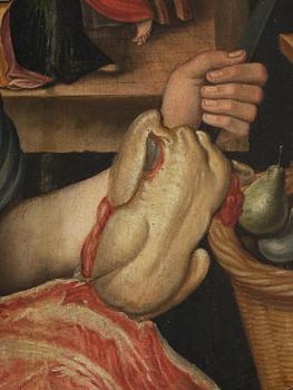 Joachim Beuckelaer, circle of/follower of, Kitchen scene with Jesus in the house of Martha and Mary in the background.