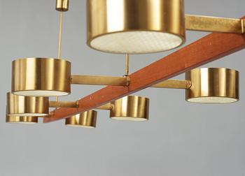 A Hans Agne Jakobsson brass and teak ceiling lamp, Markaryd Sweden 1960-70's.