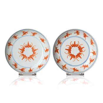 1053. A pair of iron-red decorated 'bats' dishes, Qing dynasty, Guangxu mark and period (1875-1908).